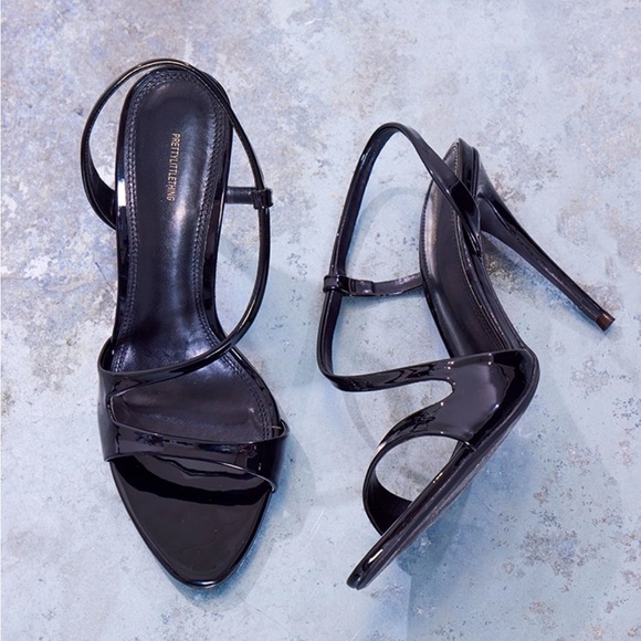 Black Patent Pu Round Toe Asymmetric Strap High Heeled Sandals - Picture 1 of 4